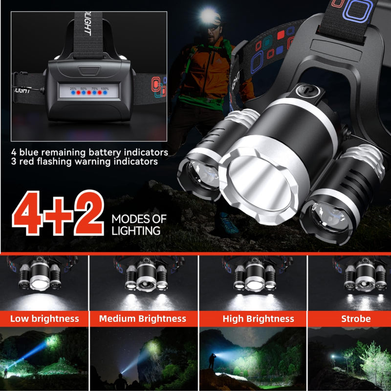 WdtPro Headlamp Rechargeable, 2 Pack 3000LM Bright Headlight, Lightweight Flashlight with 3 Powered LED, Waterproof 90°Adjustable 4 Modes & Tail Lights Head Lamp for Camping Outdoor Running