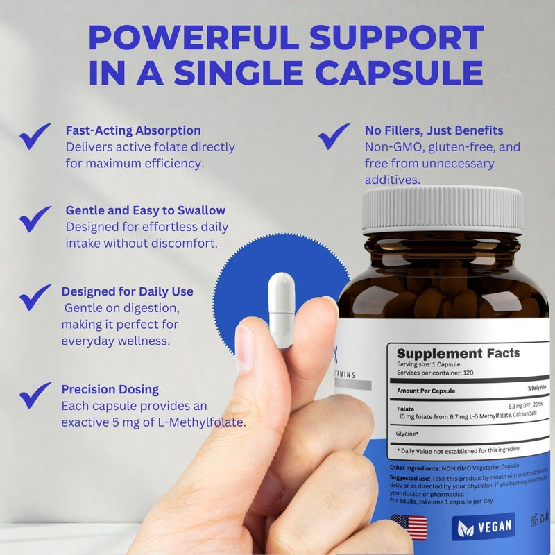 L Methylfolate 5 mg | 120 Caps | Value Pack | Max Potency | Active Folate | Gluten Free | Methyl Folate 5-MTHF | No Filler Doctor Designed and Formulated