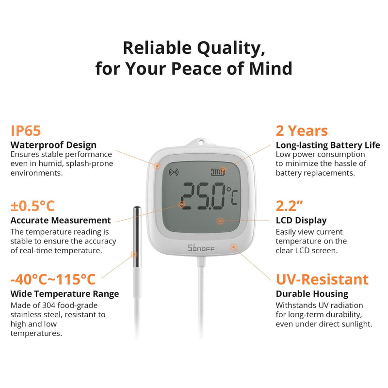SONOFF SNZB-02LD Zigbee Waterproof Temperature Sensor with 1.5M Stainless Steel Probe, LCD Display, -40~115°C Range, APP Monitoring, Magnetic Mount, Works with Zigbee Hub - BeesActive Australia