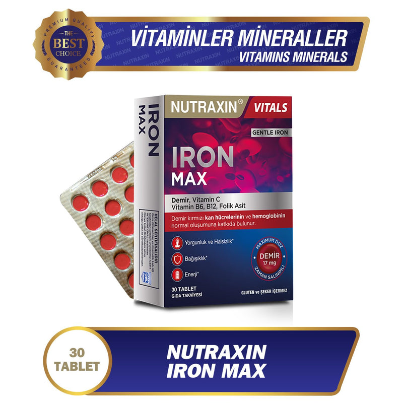 Nutraxin Iron Max 17mg 30 Tablets with Iron Vitamin C B6 B12 and Folic Acid