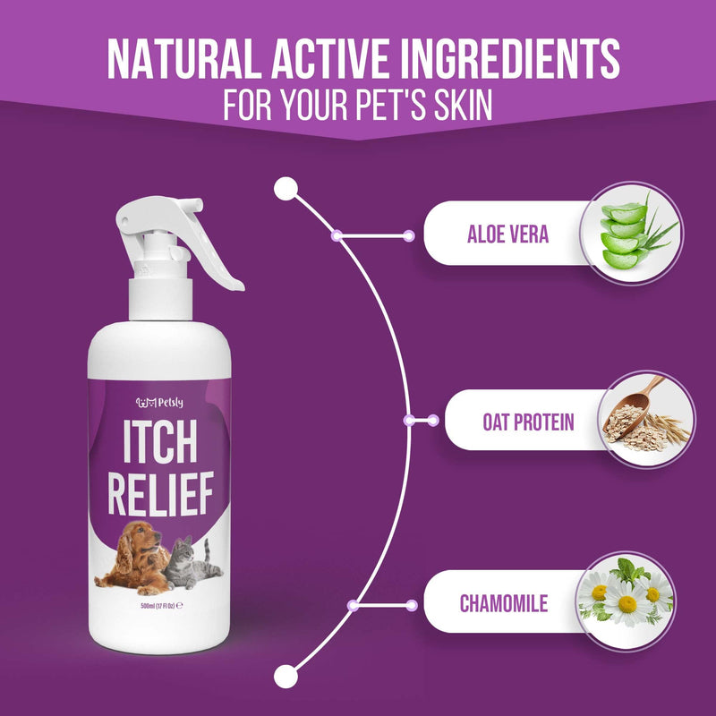 Petsly Medicated Itch Relief Spray for Dogs & Cats with Aloe Vera – 500ml – Antibacterial, Antifungal & Fast-Absorbing, Trusted No-Sting Formula for Skin, Paws & Ears – PETA Approved – Made in Germany