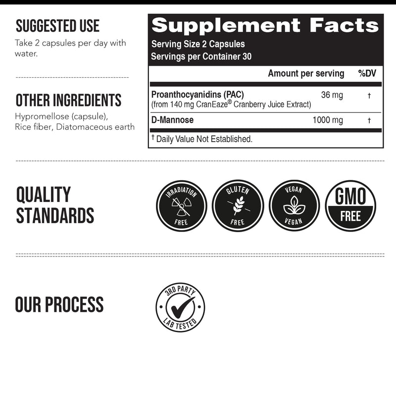 CranEaze®: Cranberry Juice Extract Plus D-Mannose – 36 mg PAC, 100% Soluble PAC - Supports Urinary Tract Health – Most Effective Cranberry Pills for Women, UTI Cranberry Supplement - 60 Capsules 60 Count (Pack of 1) - BeesActive Australia