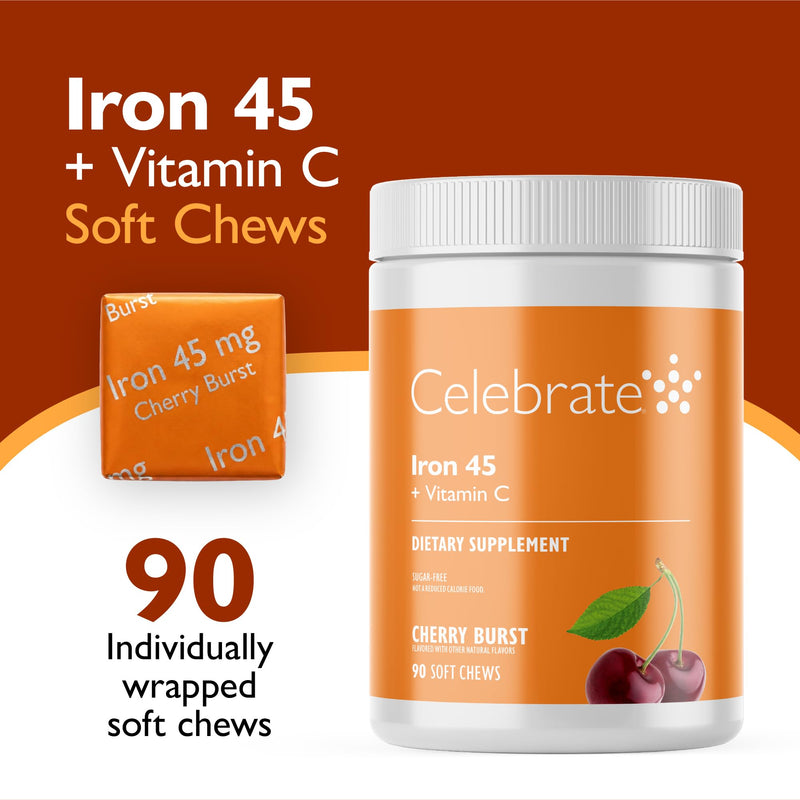 Celebrate Vitamins Iron Supplement with Vitamin C - 45mg Iron, 60mg Vitamin C, Bariatric Vitamins for WLS Patients, Vertical Sleeve & Gastric Bypass Surgery - Cherry, 90 Soft Chews Cherry Burst 90 Count (Pack of 1)