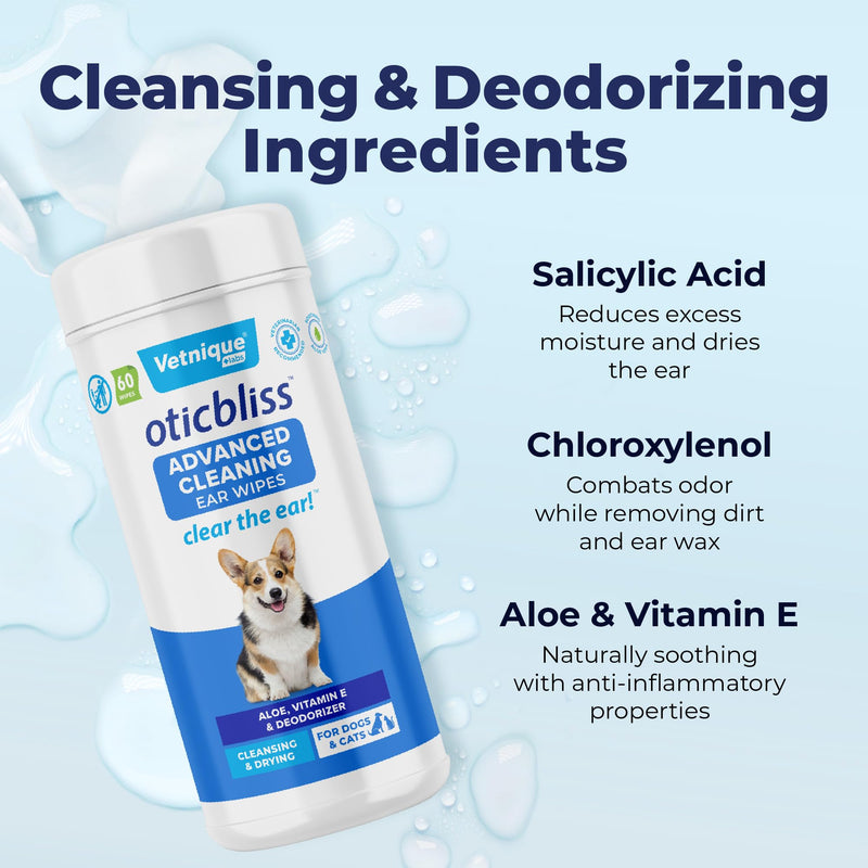 Oticbliss Advanced Cleaning Wipes XL (60 Ct) and Oticbliss Chlorhexidine Flush (12 oz) Bundle Complete Dog Ear Care with Dog Ear Cleaning Wipes Plus Ear Drying Solution for Dogs with Salicylic Acid - PawsPlanet Australia