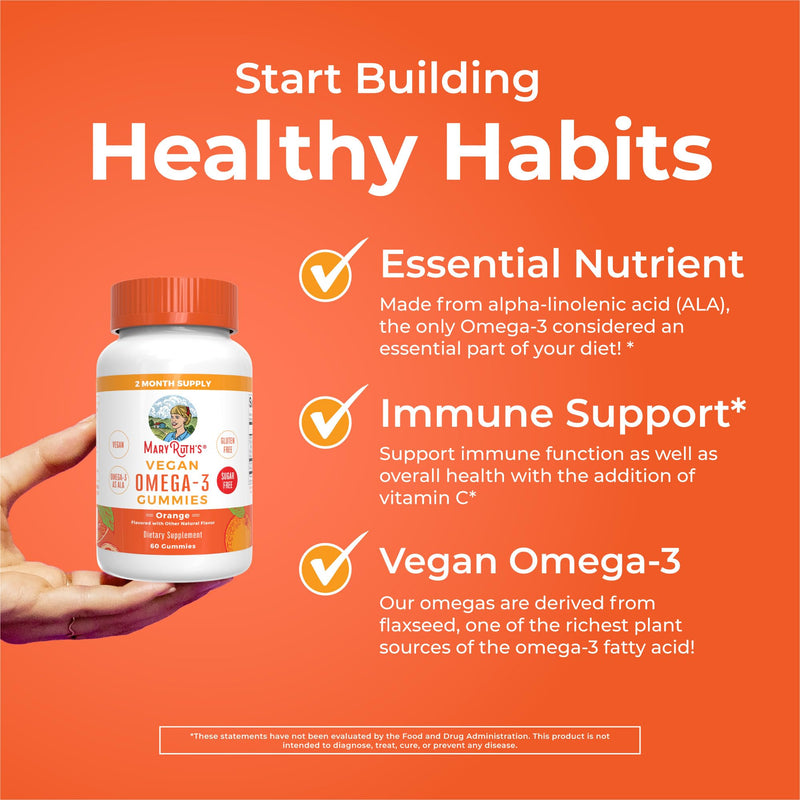 MARYRUTH'S Vegan Omega 3 Gummies for Adults, 60 Count, 2 Month Supply | Sugar Free Supplement with Vitamin C, Flaxseed Oil Immune Support, Overall Wellness, No Fish Taste