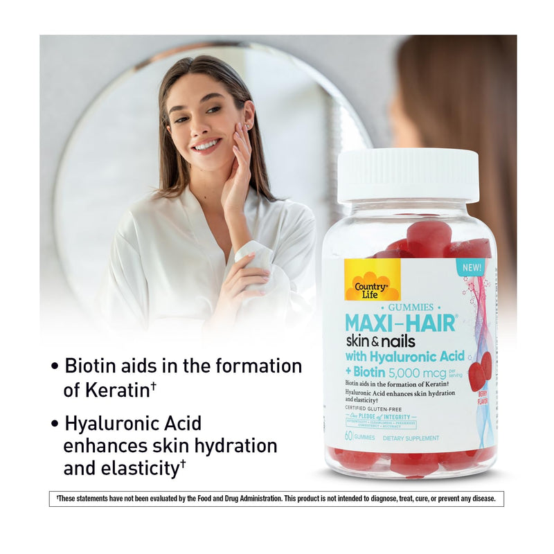 Country Life Maxi-Hair Skin & Nails Gummies with Biotin, 60 Count | Berry Flavored gummies with5,000 mcg biotin and hyaluronic acid to support healthy hair, skin, and nails