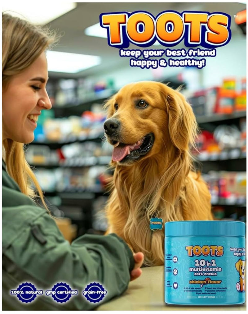 Toots 10-in-1 Multivitamin for Dogs -120ct Chicken Flavor Soft Chews for Hip and Joint, Skin and Coat, and Immune Support - Organic, Gluten-Free Dog Vitamins for All Breeds and Ages
