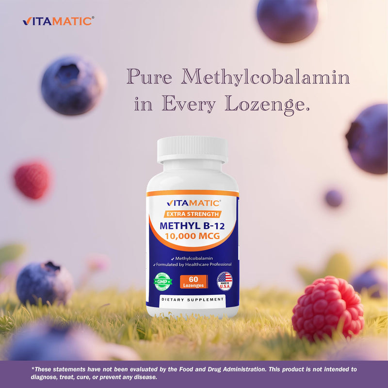 Vitamatic Methyl Vitamin B12 (Methylcobalamin) 10,000 mcg (10mg) 60 Lozenges - Superior Source of Vitamin B12 (2 Pack) | Natural Berry Flavor, Superior Source of Vitamin B12 for Energy & Nerve Health*, Non GMO, Gluten Free, Made in USA