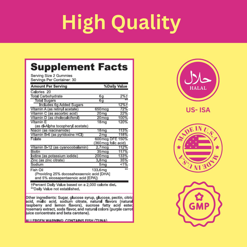 Greenfield Nutritions Halal Prenatal Gummies with DHA and Folic Acid - Essential Prenatal Pregnancy Multivitamin - Contains 17 Vitamins for Mom to Be - Easy to Swallow