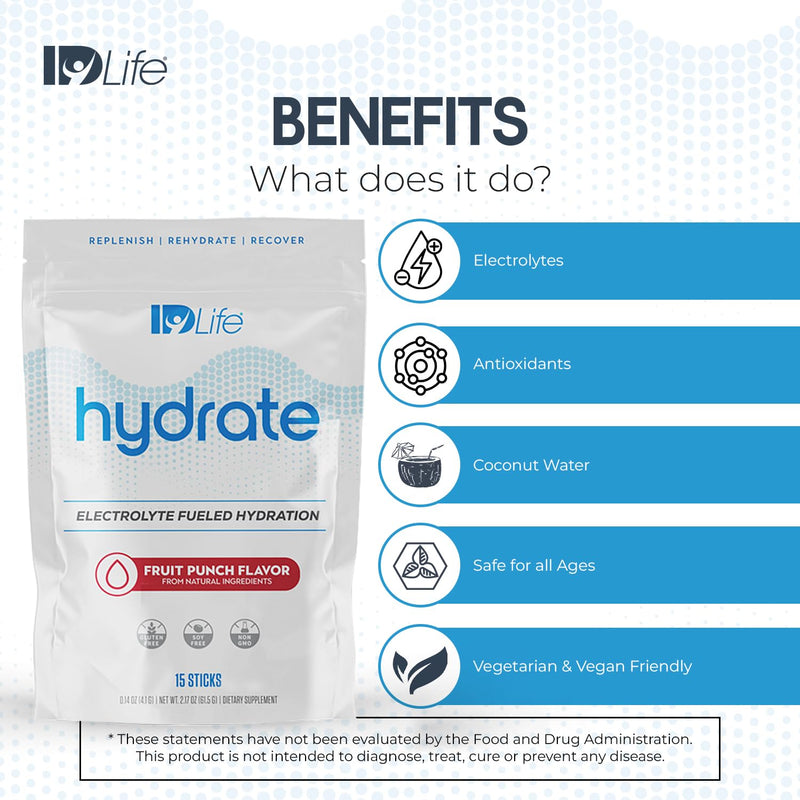 IDLife Hydrate - Fruit Punch - 15 Sticks | Electrolyte Blend, Vitamins And Minerals, MCTs, Rapid Mix Formula, Daily Hydration, Workout Support, On-The-Go Packets