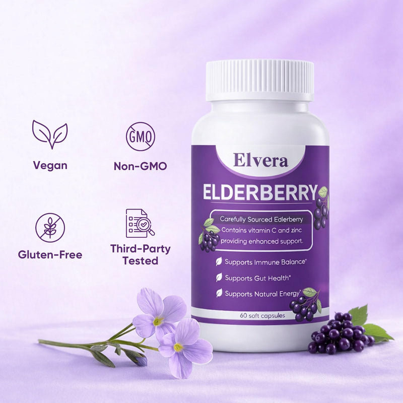 ELVERA Elderberry Gut Support | 1200mg Elderberry Extract, Vitamin C, Zinc | Daily Immune & Gut Support | Vegan, Non-GMO | 60 Capsules A