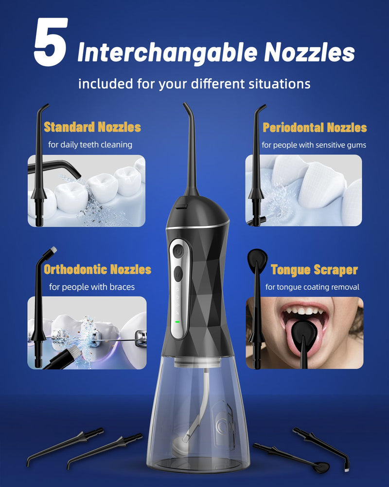 Electric Water Dental Flosser - Cordless Portable Teeth Cleaner, Rechargeable 320ML Larger Water Tank Oral Irrigator, 4 Modes with 5 Jet Tips and Travel Bag, IPX7 Waterproof (Black) Black