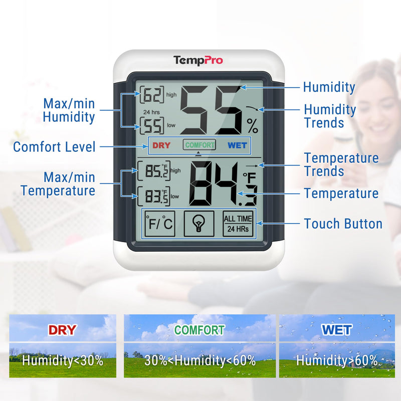 TempPro TP55 Digital Indoor Hygrometer Thermometer, 4-Inch Temperature/Humidity Monitor with Touchscreen and Backlit, Room Thermometer/Humidity Meter for House Home Greenhouse (Previously ThermoPro) 2