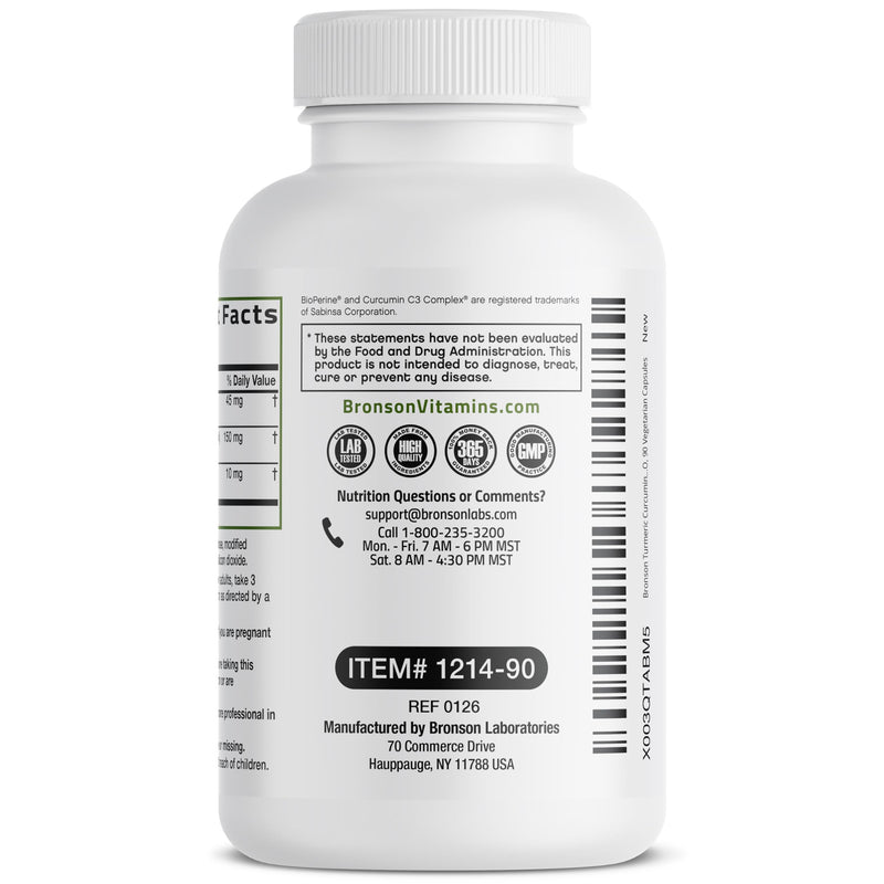 Bronson Turmeric Curcumin Extra Strength - Antioxidant, Joint & Digestion Support with BioPerine, Non-GMO, 90 Vegetarian Capsules Unflavoured 90 Count (Pack of 1)