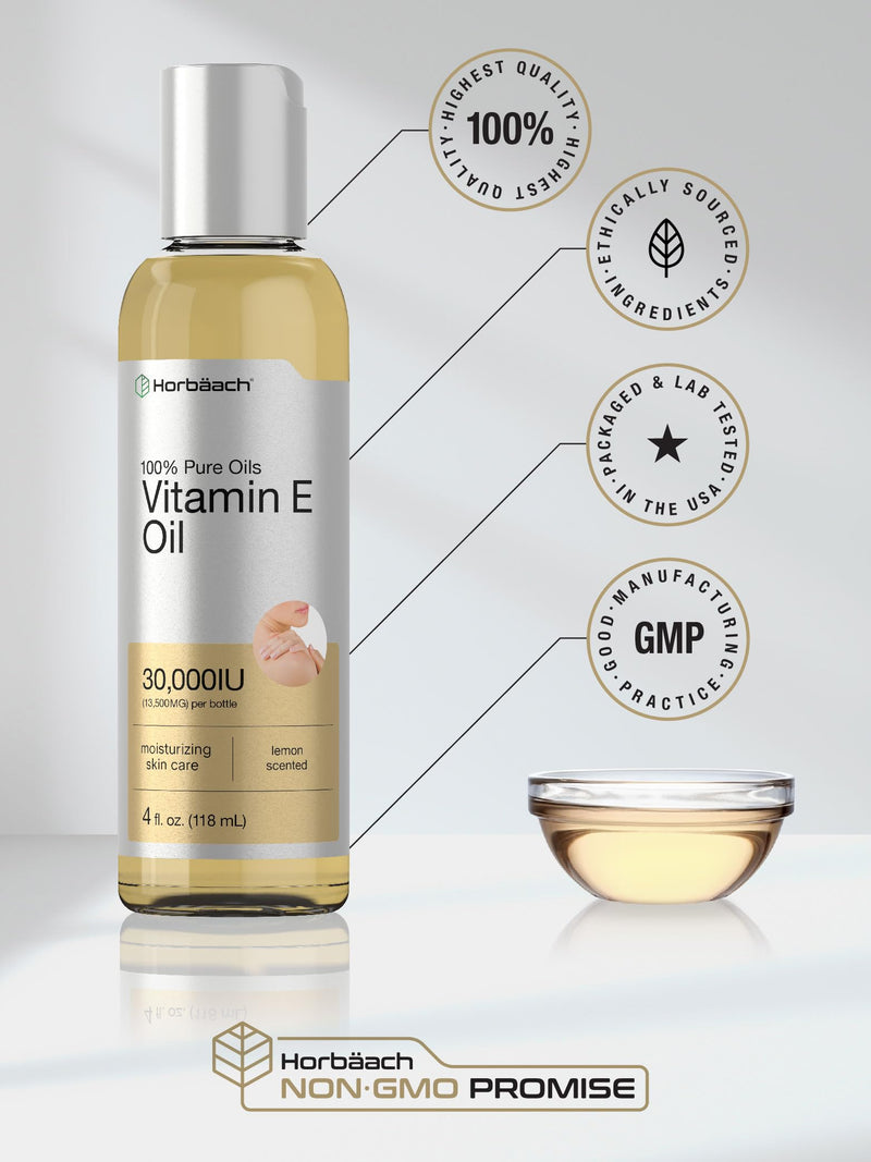 Horbäach Vitamin E Oil For Skin and Face | 4 fl oz | 100% Pure Oils | Moisturizing Skin Care | Non-GMO, Vegetarian | Lemon Scented