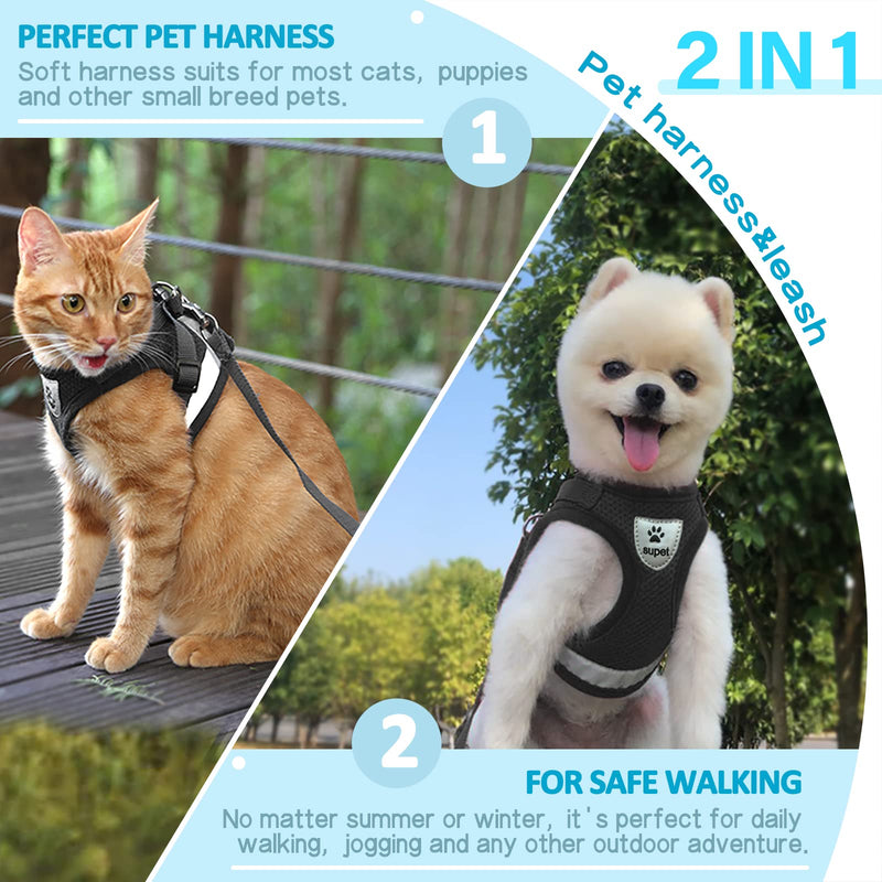 Supet Cat Harness and Leash Set for Walking and Small Dog Soft Mesh Harness Adjustable Vest with Reflective Strap Comfort Fit for Pet Kitten Puppy Rabbit M (Chest: 12.5" - 15.5") Black - BeesActive Australia