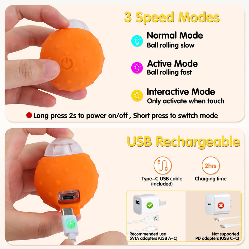 Interactive Cat Toys Balls, Automatic Moving Cat Toys for Indoor Cats, Self Rotating Ball with Motion Activated, Electric Cat Mouse Toys, USB Rechargeable - BeesActive Australia