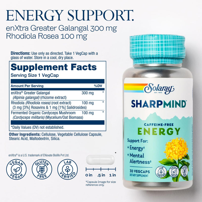 SOLARAY SharpMind Energy, Energy Booster for Women and Men, Nootropic Focus Supplement, Caffeine Free Energy Pills with Rhodiola Rosea and Cordyceps, 60 Day Guarantee, 30 Servings, 30 VegCap Pills