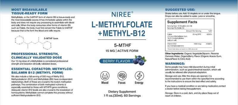 Niree 15mg L-Methylfolate with Methyl-B12 Liquid Supplement, Supports Improved Focus, Balanced Mood, Cognition Clarity, Better Sleep & Immune Health, Organic Berry Flavor