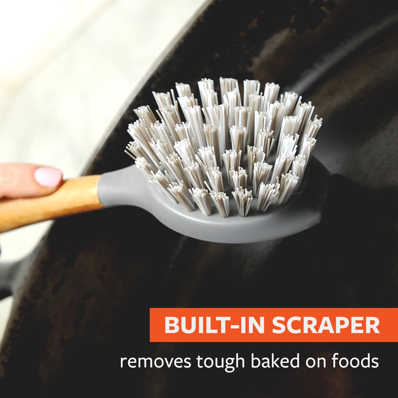Full Circle Tenacious C Bamboo Dish Brush and Scraper - Kitchen Cleaning Tool Set for Cast Iron Cookware, Dishes, Pots, Sinks - Tough Nylon Bristles, Scrub Brushes with Handle Gray One Size - BeesActive Australia