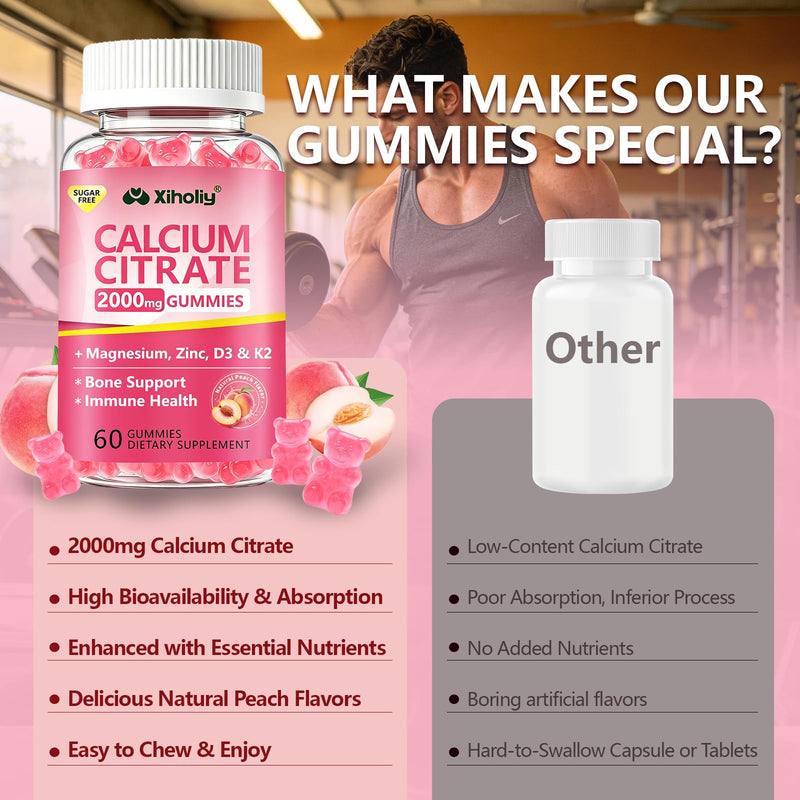 Calcium Citrate Gummies 2000 mg - Calcium Supplement for Women & Men,60 Ct | Plus Vitamin D3, K2, Magnesium, Zinc - High Absorption Supports Bone, Teeth & Immunity - Peach Flavor, Sugar-Free, Vegan 60 Count (Pack of 1)