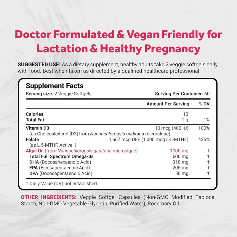 Naturalis Vegan Prenatal 120 Softgels | DHA, EPA, DPA, D3 & Active Folic | Carefully selected nutrients for the health and wellness of mom and baby.* 120 Count (Pack of 1)