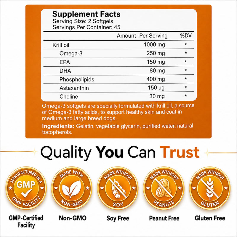 Krill Oil Omega 3 Supplement for Dogs, Allergy & Itch Relief, Skin and Coat Support for Shedding, Softgels for Joint Health with EPA DHA & Astaxanthin, 90 Count 1 bottle