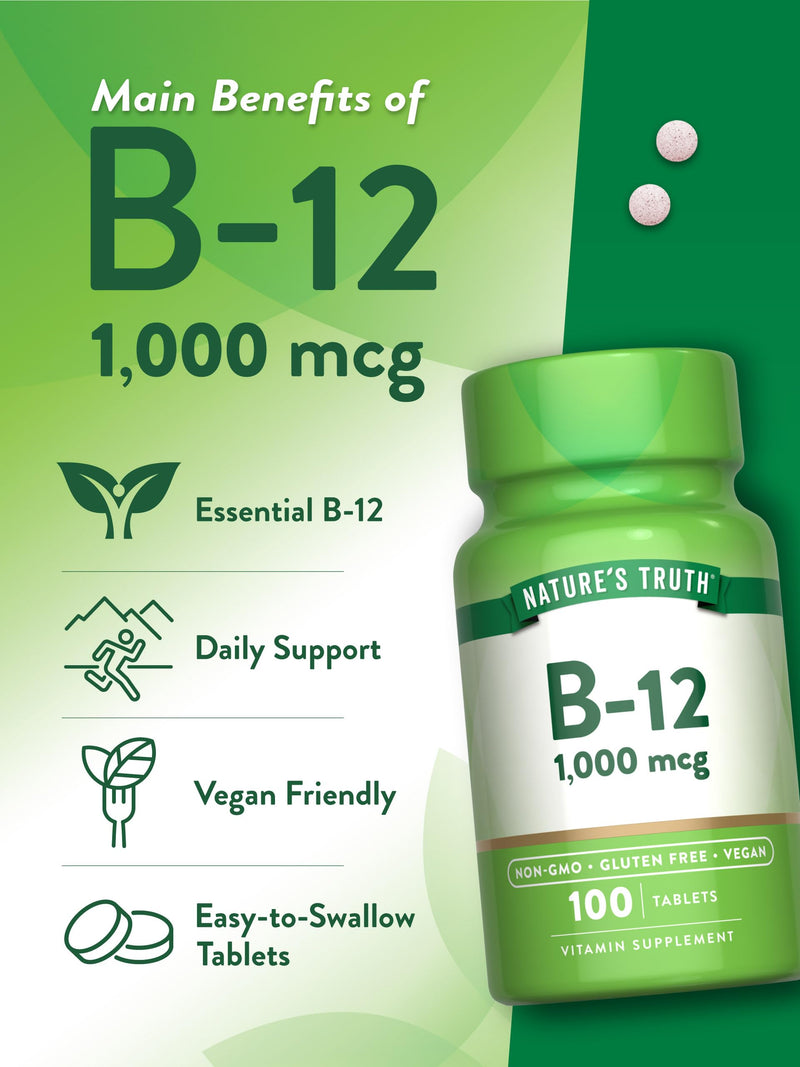 Nature's Truth Vitamin B12 1000 mcg Tablets | 100 Count | for Men & Women | Vegan, Non-GMO & Gluten Free Supplement