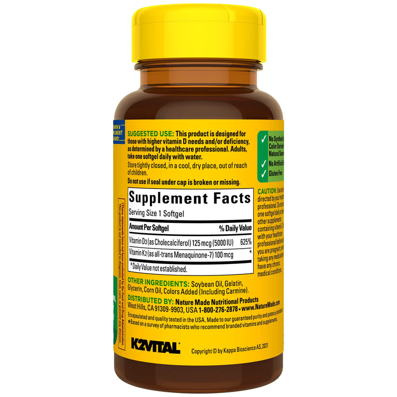 Nature Made Vitamin D3 K2, 5000 IU (125 mcg) Vitamin D, Dietary Supplement for Bone, Teeth, Muscle and Immune Health Support, 30 Softgels, 30 Day Supply Unflavored 30 Count (Pack of 1) - BeesActive Australia