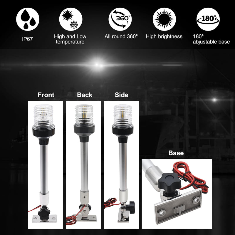 Geloo 12 Inch Marine Navigation Lights, Boat Stern Light Waterproof IP67, Anchor Lights, Marine Lights White LED All Round 360°Fold Down for Pontoon and Fishing Boat Yacht Stainless Steel Base 12 Inches Folding