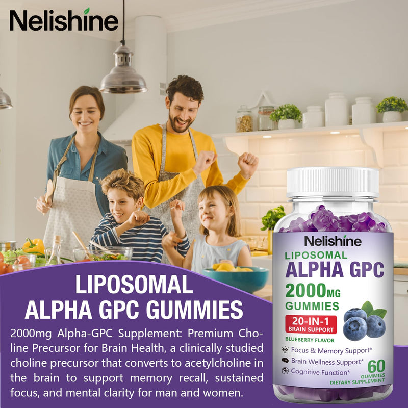 Liposomal Alpha GPC 2000mg & Citicoline Gummies Complex Phosphatidylserine,Ginkgo Biloba,L-Tyrosine,Huperzine A & B Vitamins,20-in-1 Blend for Focus, Memory & Cognitive Support 60 Count (Pack of 1)