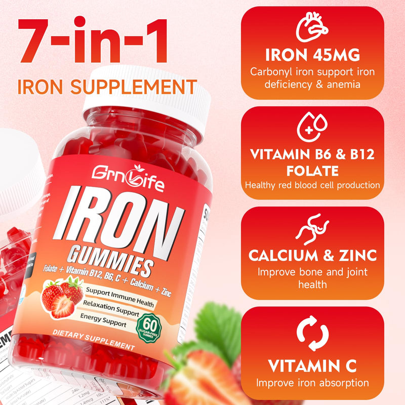 Iron Gummies for Women, Men & Kids, Sugar Free Iron Supplement with Calcium, Zinc, Folate & Vitamin B12, C, B6 - for Blood Building & Energy Support, Anemia, Strawberry, 120 Count 60 Count (Pack of 2)