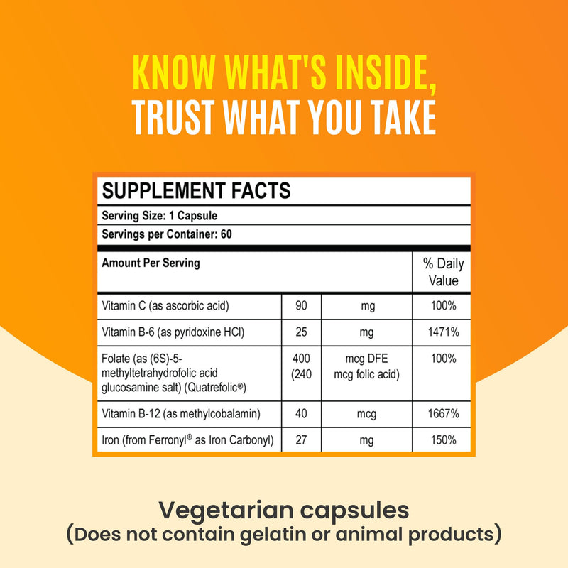 Iron Complex, Complete Blood Building Iron Vegetarian Capsules with Non-constipating Carbonyl Iron, Quatrefolic, B12, B6 & Vitamin C, for Women & Men (60 caps)