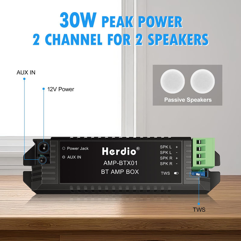 Herdio Bluetooth Home Audio Amplifier 2.0 Channel Receiver System for Passive Speakers with AUX TWS Suitable for Ceiling Marine Home Theater Garage Outdoor Indoor Small