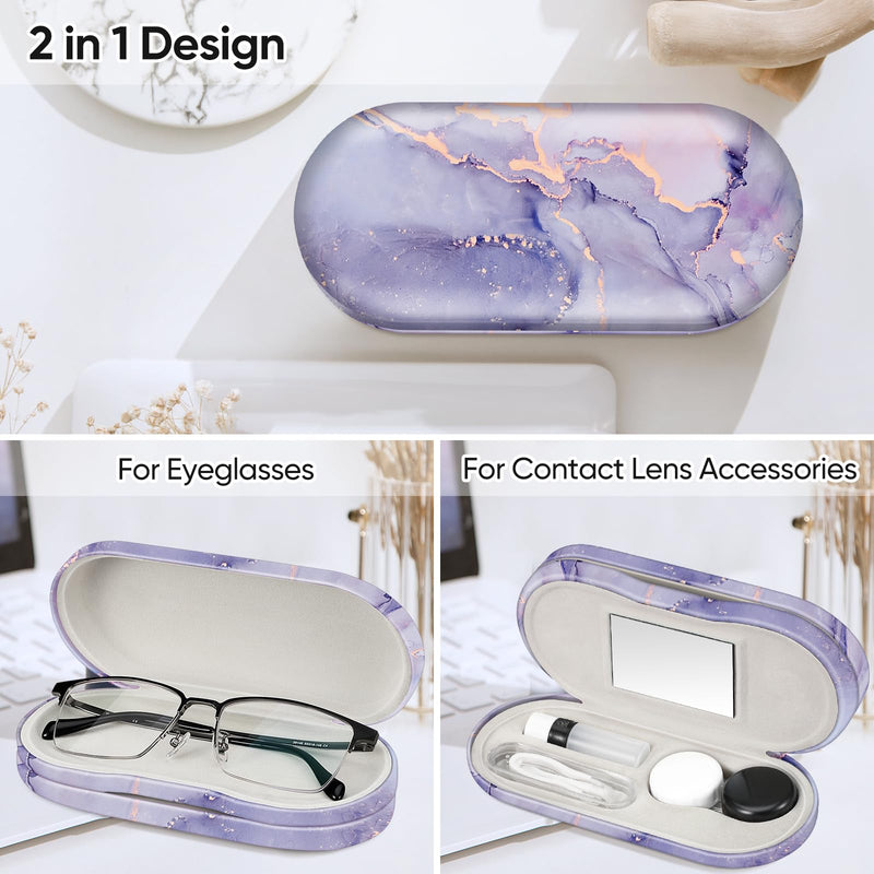 Fintie 2 in 1 Contact Lens Case and Eyeglasses Case, Double Sided Portable Eyeglasses Travel Holder with Built-in Mirror, Tweezer and Contact Lens Solution Bottle Included Lilac Marble