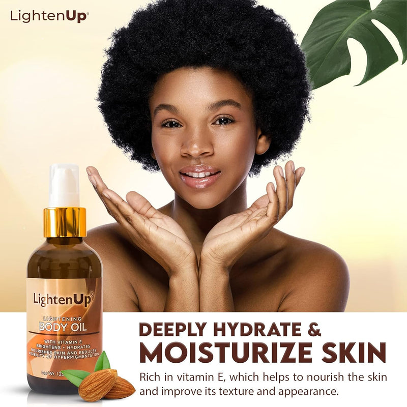 LightenUp, Skin Brightening Body Oil - 4.2 fl oz / 125 ml - Hyperpigmentation Body Seum, Dark Spot Remover, for Men and Women with Vitamin E, Shea Butter, Almond Oil Brightening Oil
