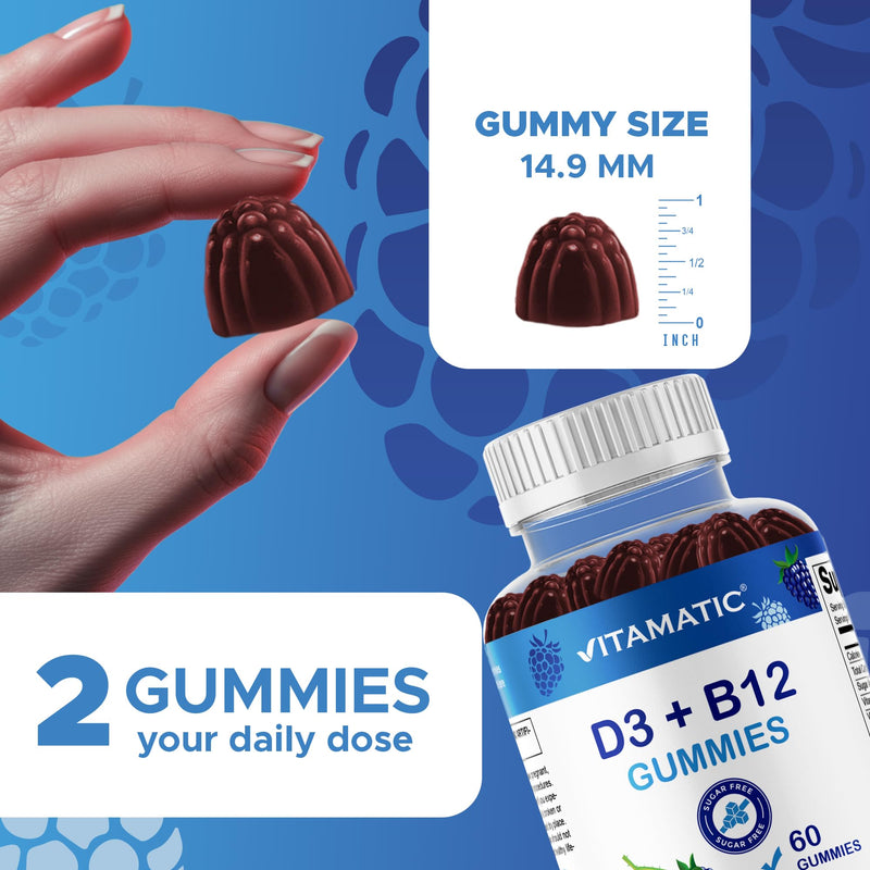 Vitamatic Vitamin D3 + B12 Gummies Made with Folate & Vitamin B6 - Natural Blue Raspberry Flavor – 60 Gummies – Made in the USA