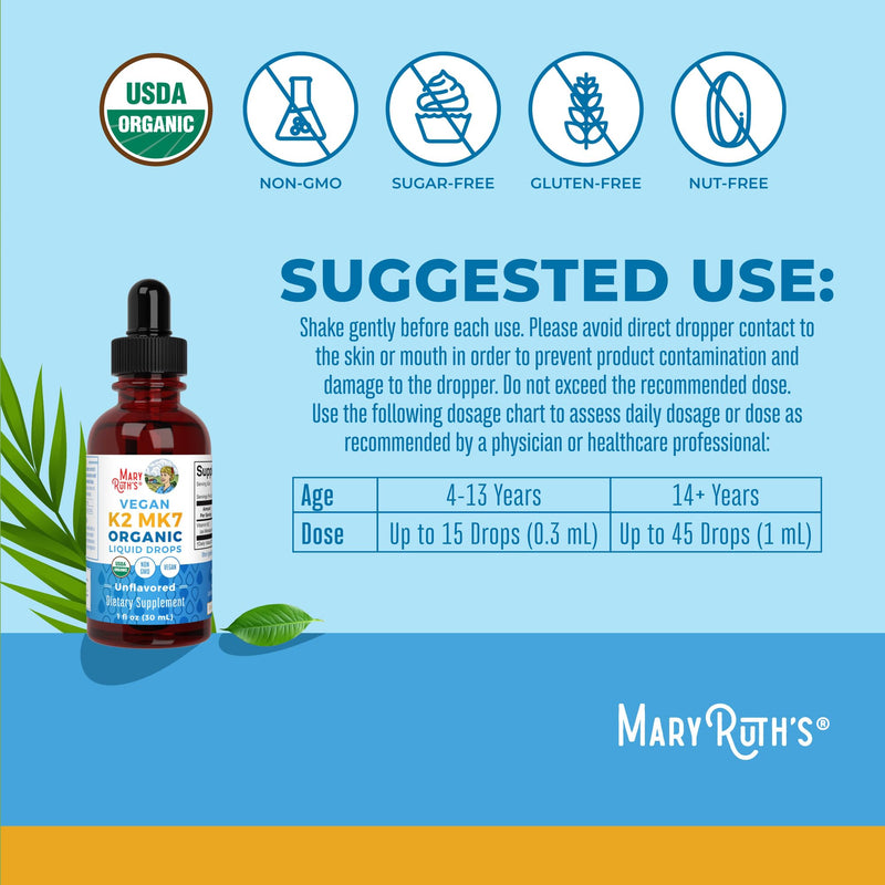 MARYRUTH'S USDA Organic Vitamin K2 MK7 Liquid Drops for Adults & Kids, 1 oz | Adults & Kids, Sourced from Natto, Menaquinone-7, Vegan K2 Vitamin for Bone Health & Calcium Absorption
