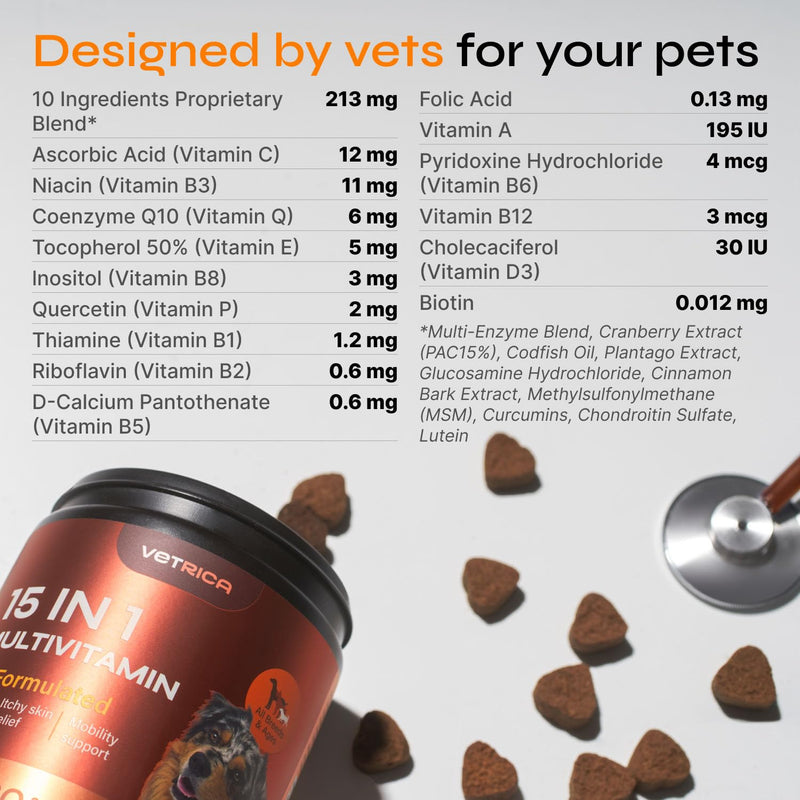 Dog Vitamins 15 in 1 - Dog Multivitamin Chews - Joint Supplement for Dogs - Dog Vitamins & Supplements for Hip & Joint, Immune System, Coat & Mobility - Itchy Skin Relief - Glucosamine Chondroitin 130 count - PawsPlanet Australia