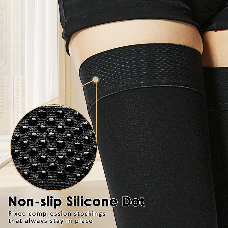 Beister 15-20 mmHg Compression Stockings for Women & Men, Thigh High Medical Footless Graduated Compression Sleeves with Dot Silicone Band, Support Pressure Socks for Varicose Veins, Edema, DVT Black XL