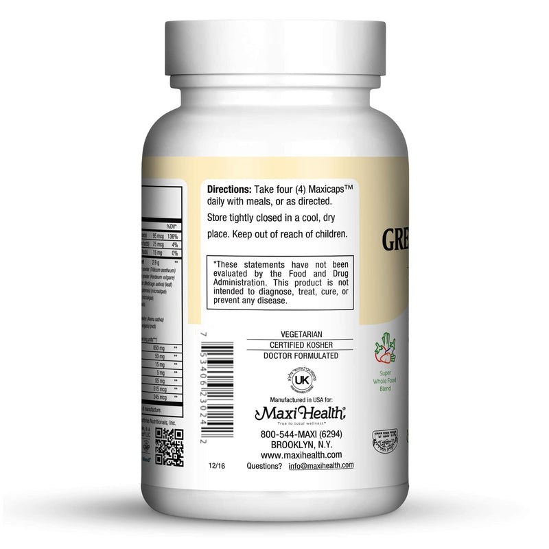 Maxi Health Super Greens Supplements – Whole Food Blend for Energy & Immune Support – Vegetable Supplements for Adults with Vitamins, Minerals, Spirulina, & More – Vegan, 240 Kosher Capsules Unflavored 240 Count (Pack of 1)