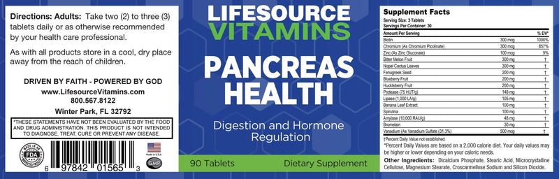 LifeSource Vitamins Pancreas Health 90 Tablets | All Natural Synergistic Ingredients for Pancreas Health & Support