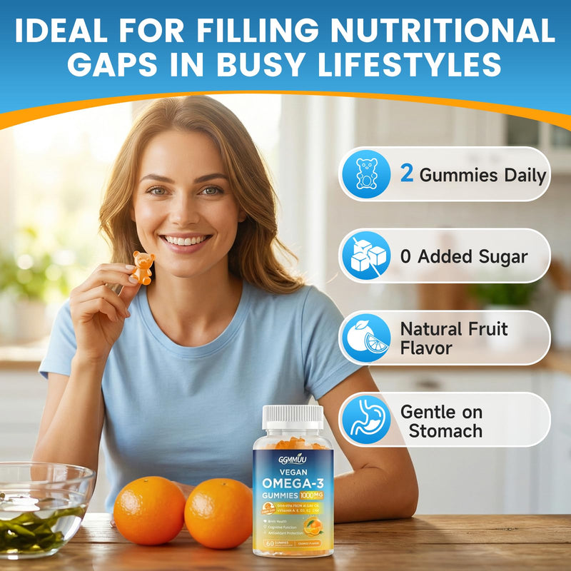 Vegan Omega 3 Gummies 1000mg, Orange Flavor, Sugar Free, 60 Count | Algal Oil Supplement with 600mg DHA & 300mg EPA for Eye & Immune Support, Non-GMO, Gluten Free, Pectin Based, No Fishy Burps 60 Count (Pack of 1)