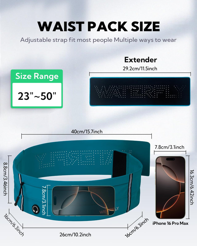 WATERFLY Running Belt Fanny Pack: Slim Elastic Sport Workout Waistband for Men and Women, Jogging Runner Phone Holder Belt, Marathon Jogger Waist Bag Blue