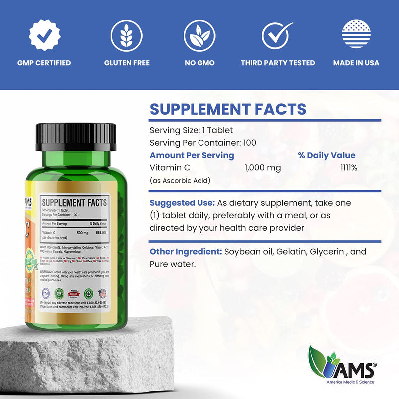America Medic & Science Rapid-C 500mg Vitamin C Supplement (1 Pack of 100 Tablets) Energy Booster, Daily Immune System Support, Antioxidant | Vegan, Non-GMO Coated Ascorbic Acid for Adult Men & Women 100 Count (Pack of 1)