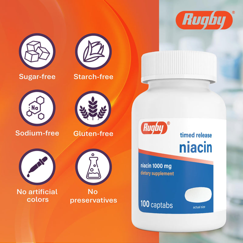 Rugby Timed-Release Niacin 1000mg Captabs for Adults, 100 Count (1-Pack) | Dietary Supplement for Energy, Circulation and Metabolism Support, Controlled Release to Help Minimize Flushing 100 Count (Pack of 1)
