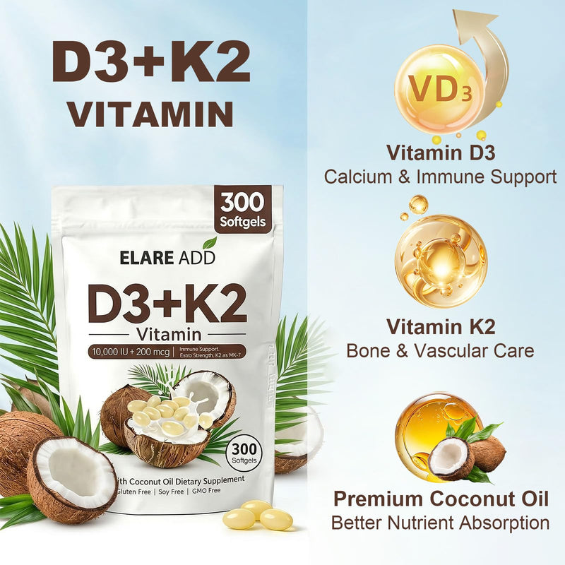Vitamin D3 K2 10,000 IU MK-7 200 mcg D3 and K2 Supplements with Coconut Oil | 300 Softgels, 2-in-1 Vitamins D & K Complex, Extra Strength, Easy to Swallow, Non-GMO, Gluten Free