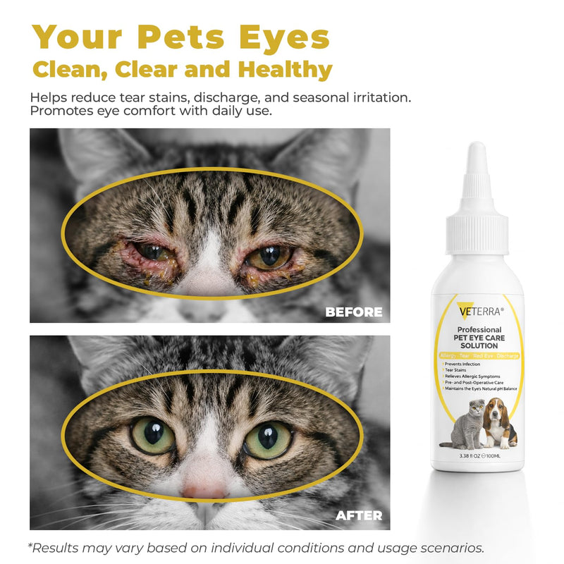Dog and Cat Eye Care Solution for Dogs & Cats – Vet Recommended Eye Cleaner, Helps Remove Eye Discharge & Tear Stains, Supports Eye Hygiene, Gentle Daily Use Eye Wash - 3.38 Oz 100 Ml