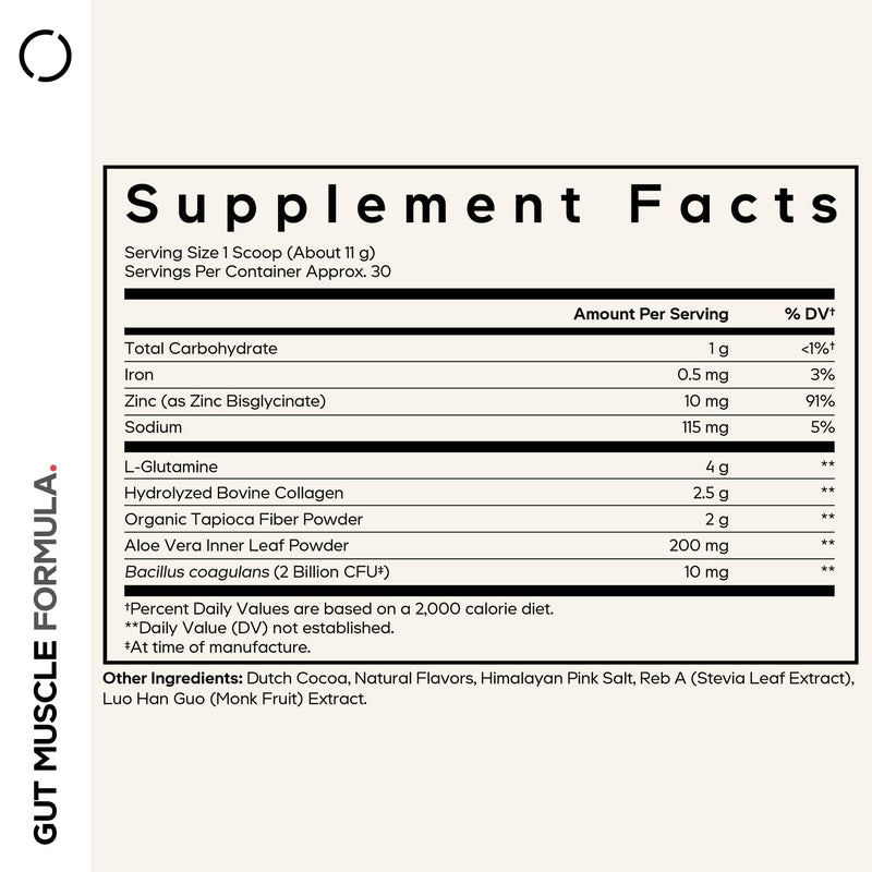 Codeage Gut Muscle, Glutamine, Collagen, Probiotics, Chocolate, 11.7 oz | L-glutamine, hydrolyzed bovine collagen, tapioca fiber, aloe vera, Bacillus coagulans, zinc bisglycinate. Non-GMO.