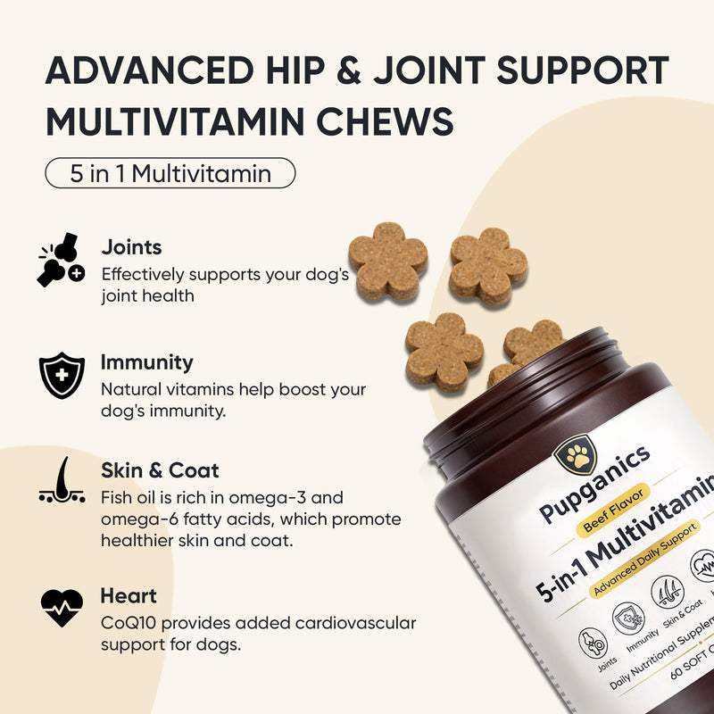 Pupganics Multivitamin Daily Soft Chews for Dogs, Pupganics 5 in 1 Multivitamin, Vitamin & Probiotics for Skin & Hair, Heart Health, Immune Support, Beef Flavor, 60 Soft Chews (1 PCS) 1 PCS
